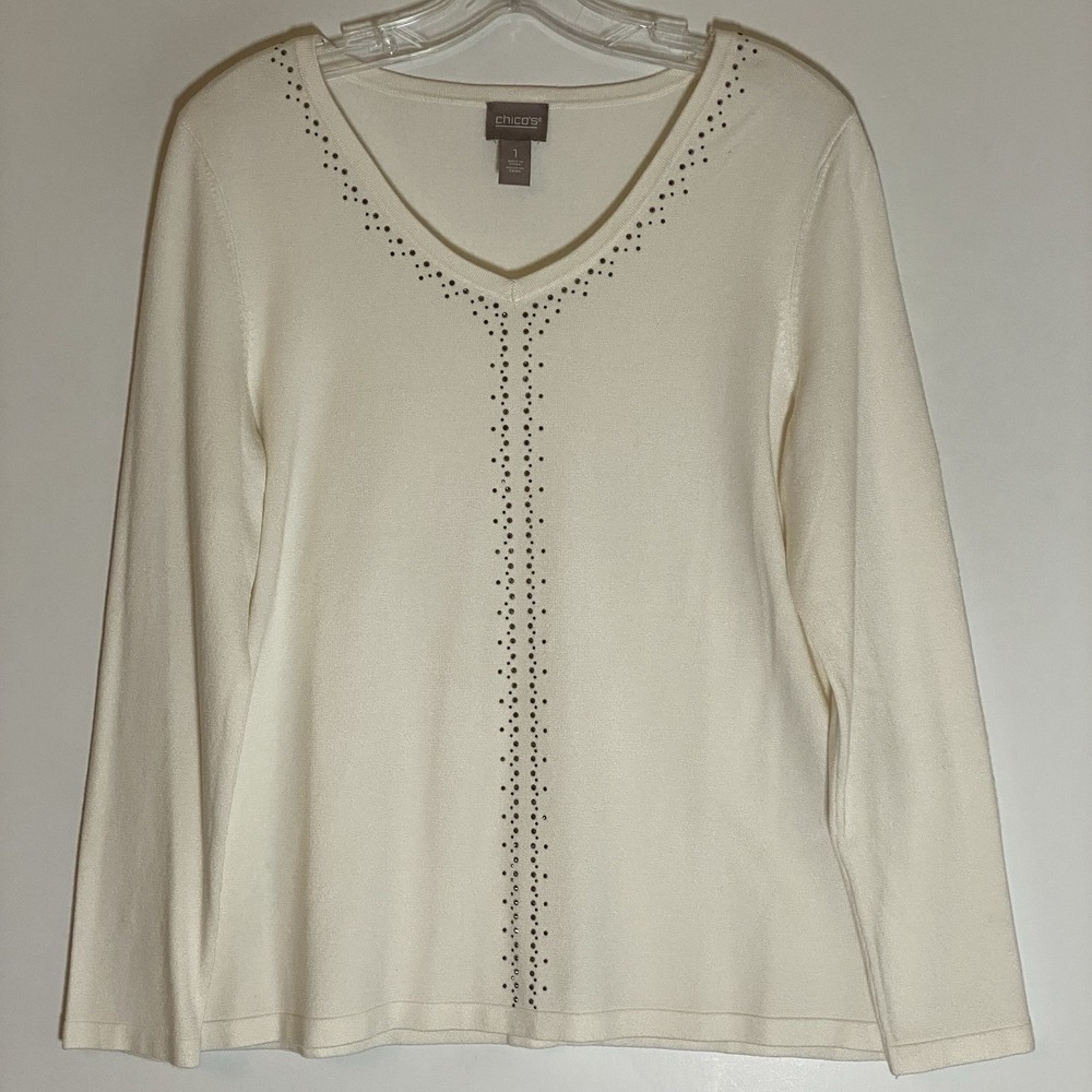 Chicos Top Womens 1 Medium White Embellished Classic V Neck Chic Boho Nice Fun M